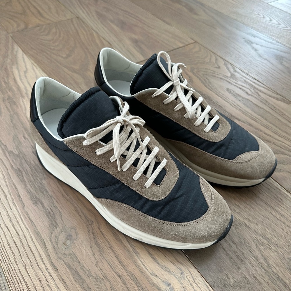 Common Projects “Track Classic” sneaker. Grey/tan. Size 11 US (44 EU).